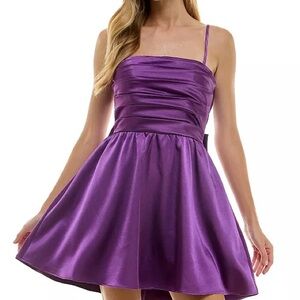 City Studio Purple Satin Ruched Mini Dress